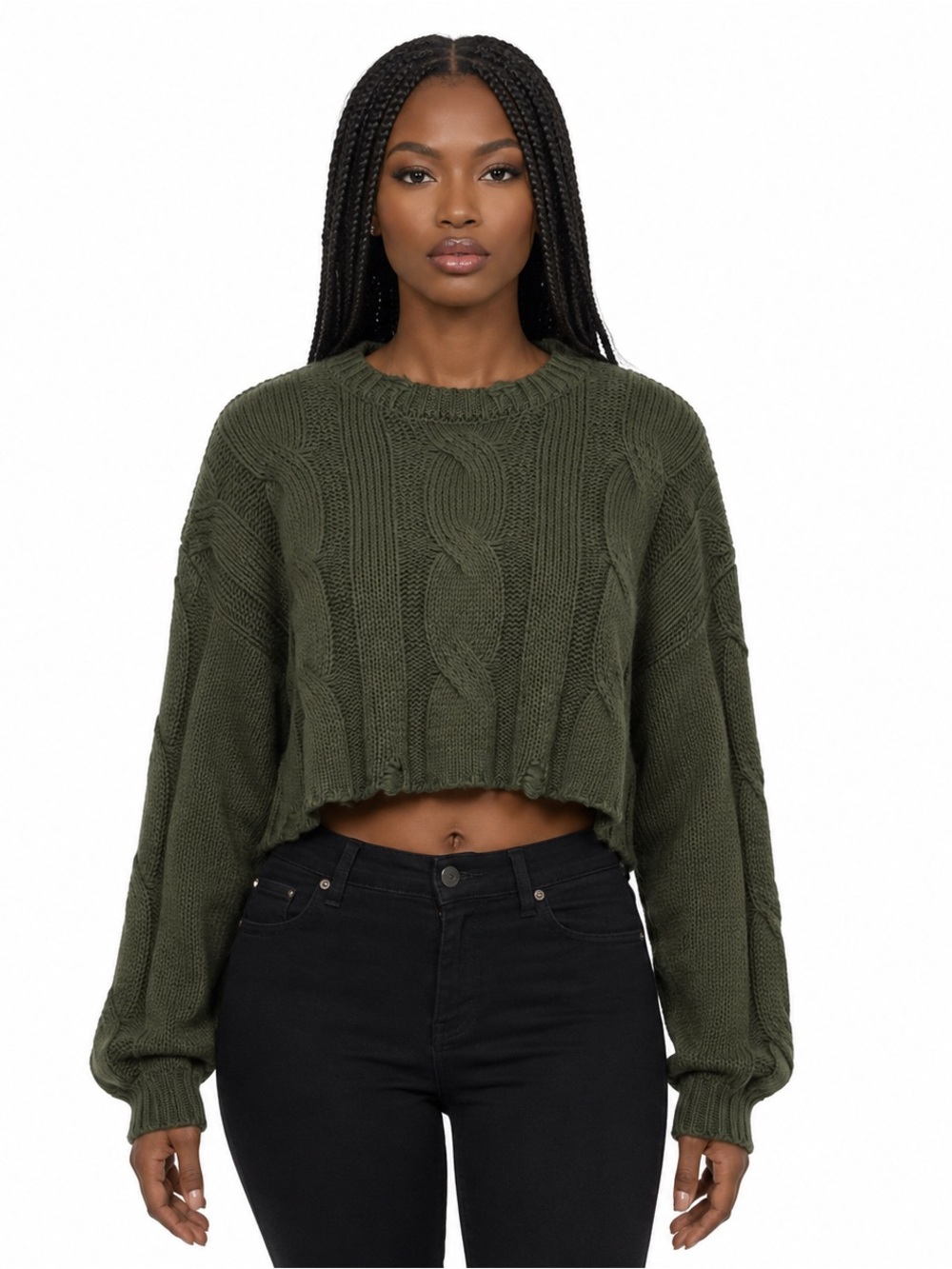 Forever 21 Olive Green Distressed Cropped Cable Knit Sweater - Size Medium